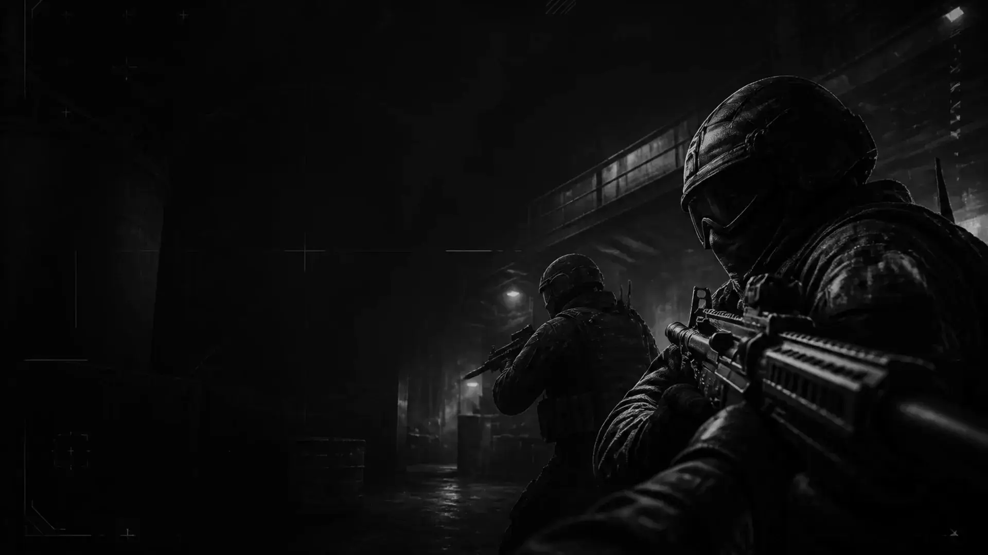 Counter-Strike 2 tactical operators in a dark warehouse firefight with cinematic purple lighting