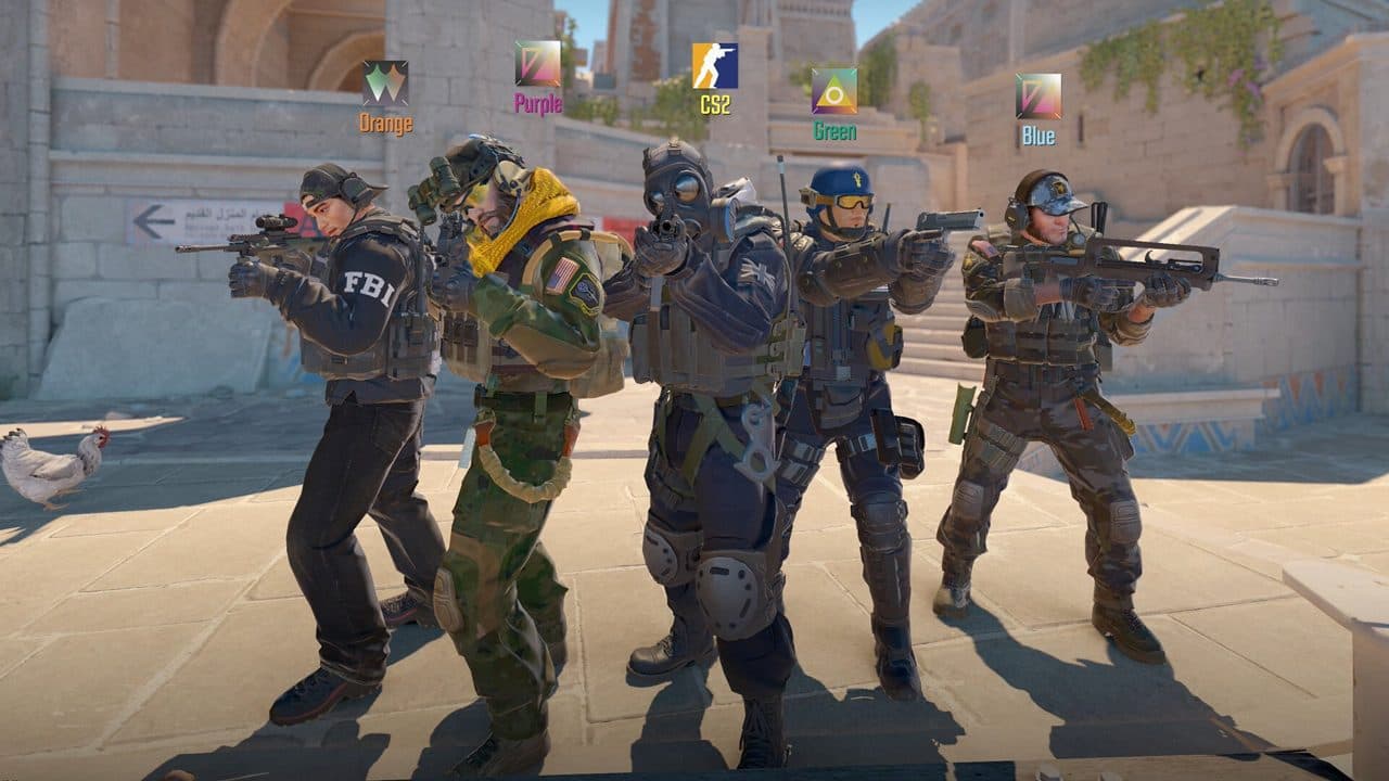 CS2 player holding an AK-47 at Dust2 mid doors during a Competitive match