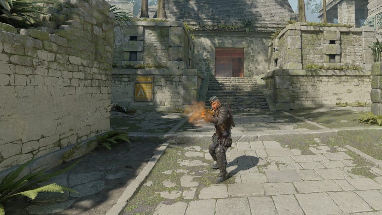 First-person CS2 view on Mirage A site as a smoke grenade blooms from the ground, grey smoke volume expanding across the bombsite