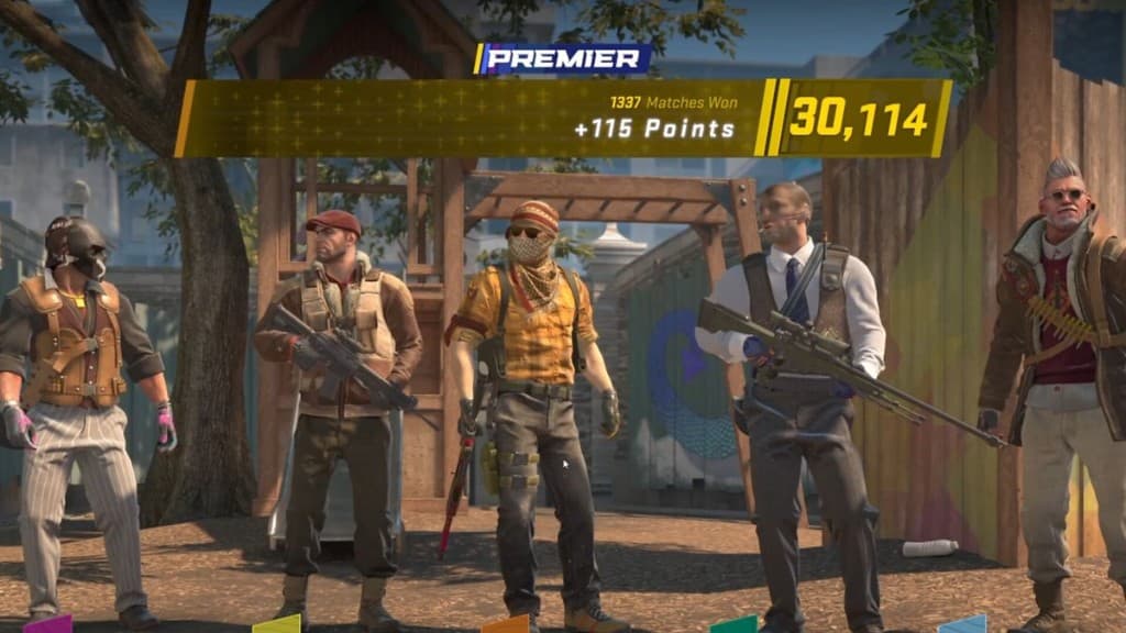 CS2 Cheats Pro Premier competitive match end screen with agent lineup and rating points