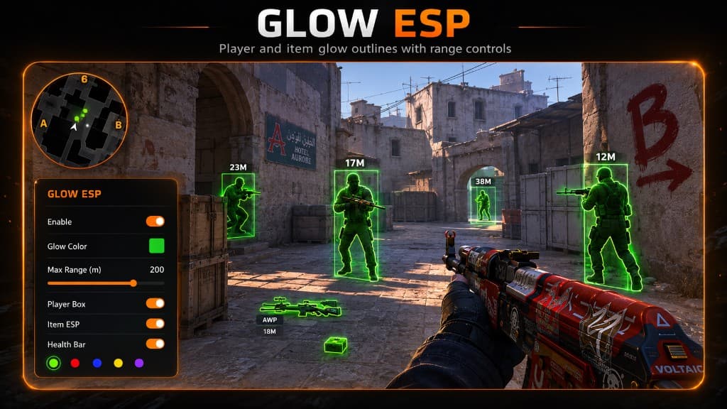 CS2 ESP wallhack module with player and item glow outlines and range controls