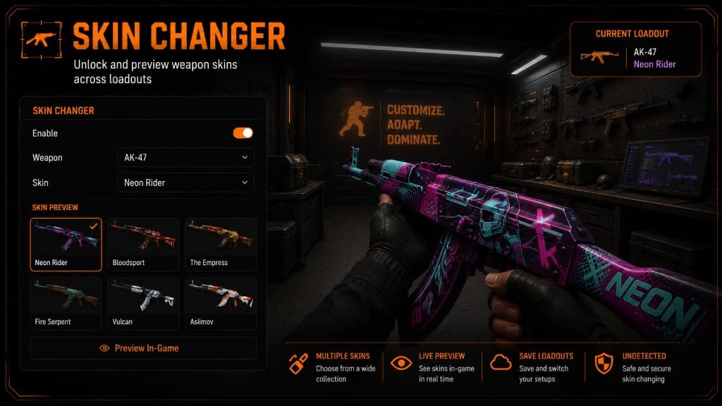 CS2 skin changer module with weapon skin preview and loadout controls
