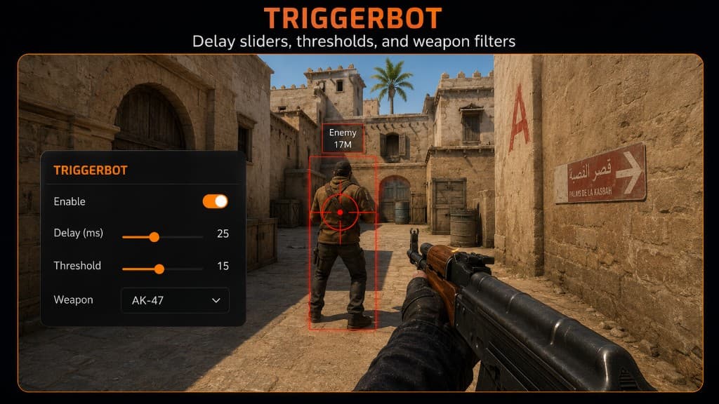 CS2 triggerbot module with delay sliders, thresholds, and weapon filters