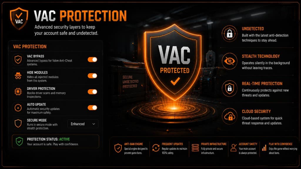 CS2 VAC protection module with bypass toggles and active protection status