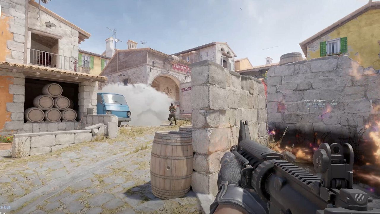 First-person CS2 view during a post-plant 1v2 clutch with the bomb planted on site and a rifle held at a tight angle behind cover