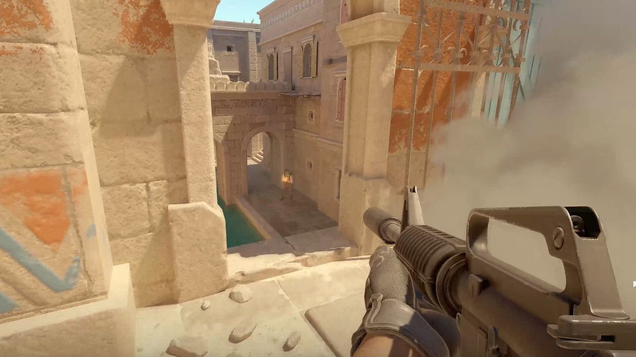 First-person CS2 view on Mirage mid with tactical awareness focus — holding an angle toward connector with clear sightlines