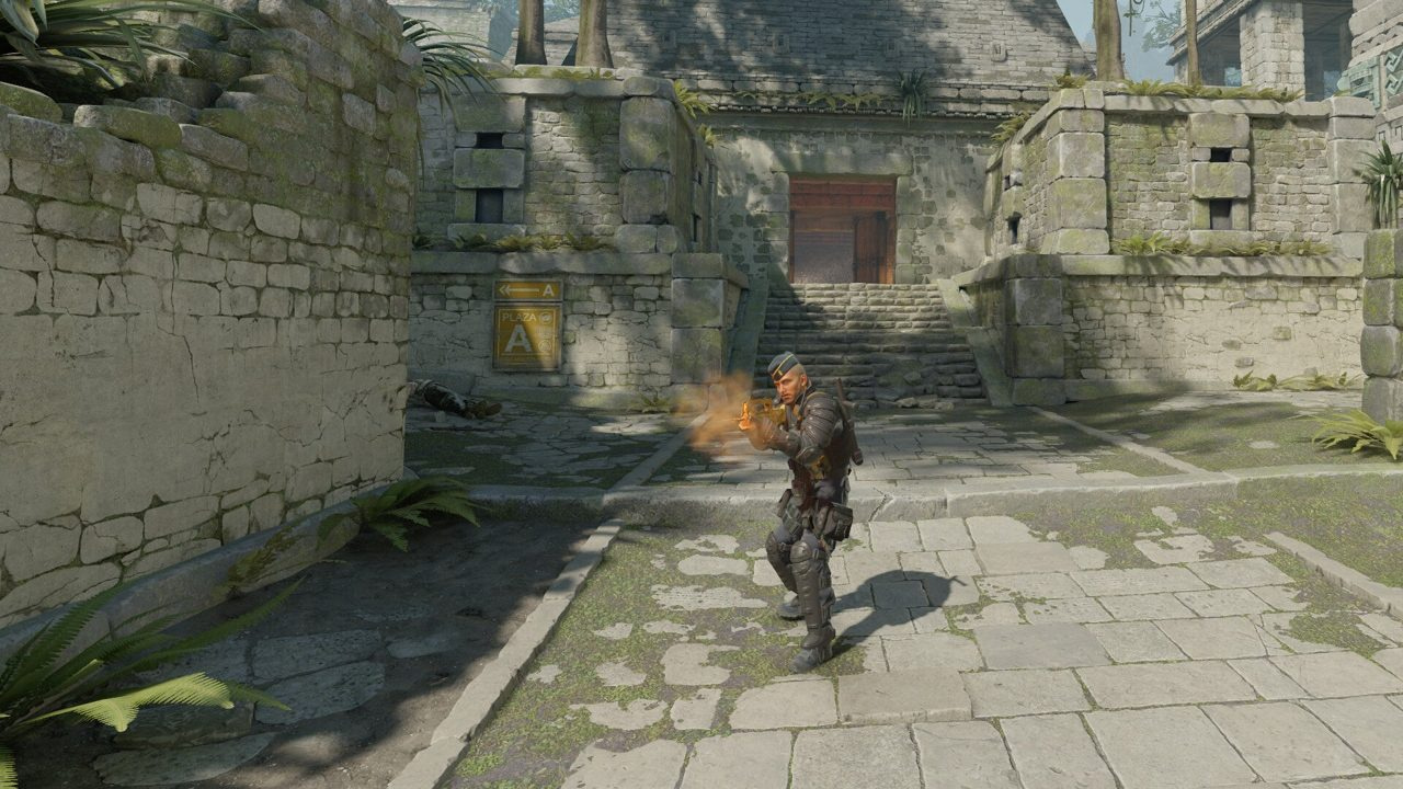 First-person CS2 view on Mirage A site as a smoke grenade blooms from the ground, grey smoke volume expanding across the bombsite