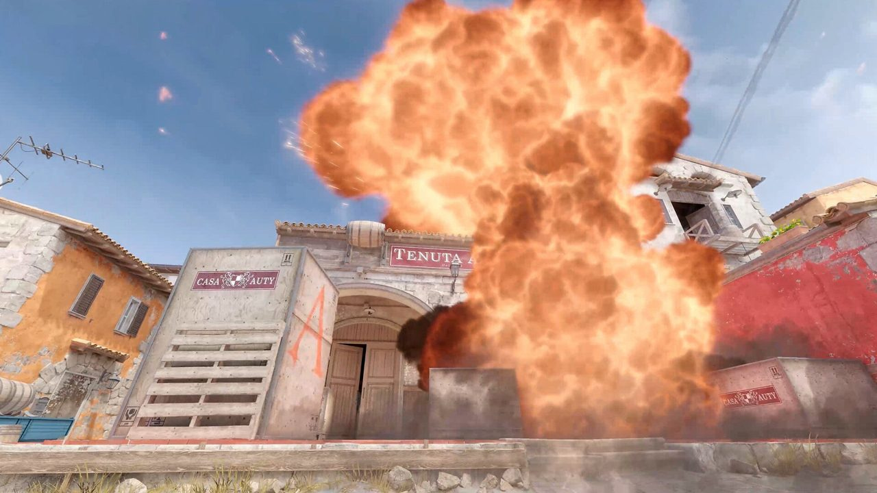First-person CS2 view shift-walking Mirage catwalk with a rifle at head height and A site minarets visible ahead