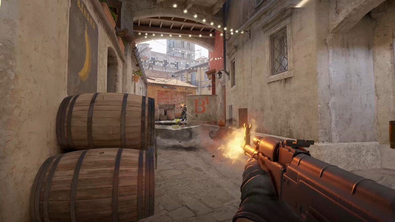First-person CS2 rifle hold on Dust2 long A with crosshair at head height on a common angle